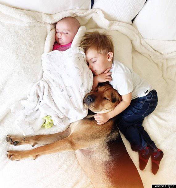 bambini nel letto col cane