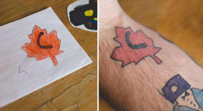 foglia disegno e tatuaggio su braccio