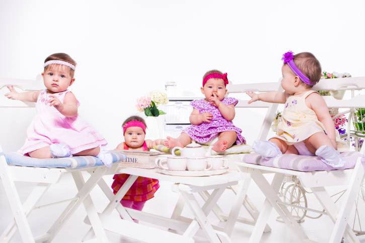 4 bambine di pochi mesi, perfettamente vestite, che prendono un thè